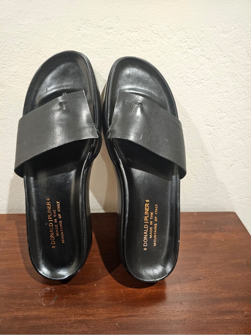 Donald J. Pliner Black Leather Wide-Strap Slide Sandals